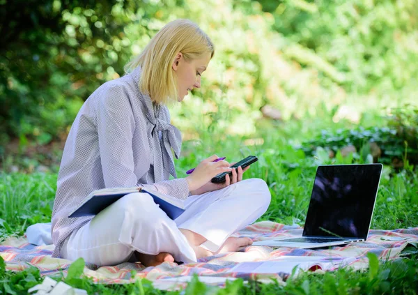 Become successful freelancer. Managing business outdoors. Woman with laptop sit grass meadow. Business lady freelance work outdoors. Freelance career concept. Guide starting freelance career — Stock Photo, Image