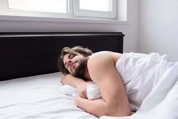 Conceito de sonho agradável. Homem dorminhoco sem barba barba dormir tem descanso. Guy sexy macho colocar roupas de cama brancas. Deixe seu corpo se sentir confortável. Homem unshaven bonito cara nu tronco dormir sesta na cama — Fotografia de Stock