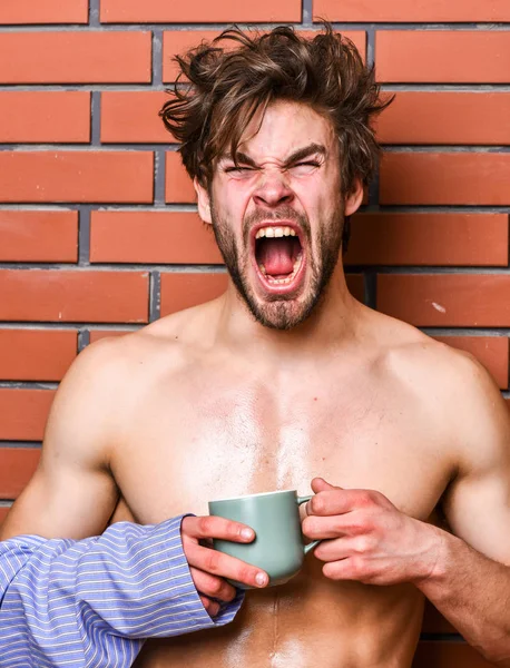 Morgon kaffe konceptet. Mannen med skägg dricka kaffe tegel vägg bakgrund. Kille hålla te eller kaffe kopp. Idrottsman sömnig ansikte rufsig hår slitage badrock håll mugg. Macho sexig torso njuta av kaffe — Stockfoto
