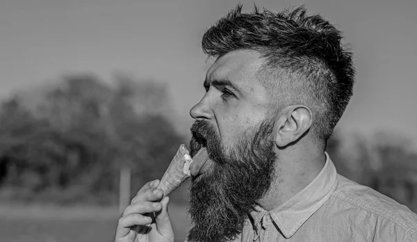 Concept de dent sucrée. L'homme à la longue barbe lèche la glace. Homme avec barbe et moustache sur le visage strict mange de la crème glacée, fond bleu ciel, déconcentré. Homme barbu avec cône de crème glacée — Photo