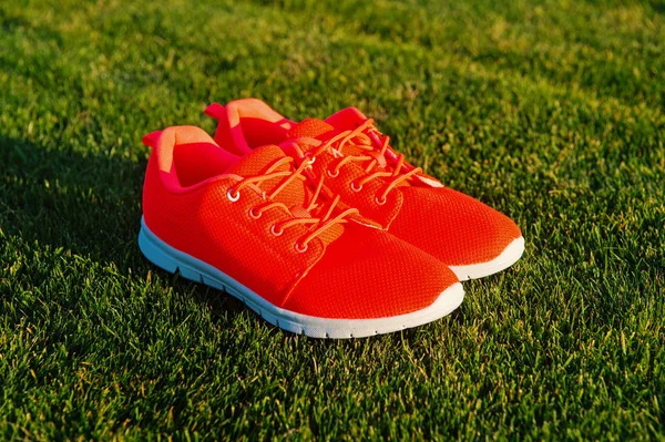 Sports shoes sneakers on fresh green grass. Sports in the open air. orange sport sneakers modern style. fitness and health