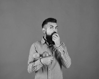 Adam homegrown hasat sunar. Çiftçi aç yüzü ile elma ısırıkları