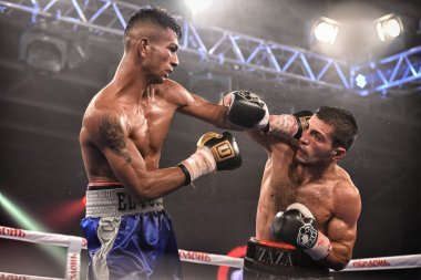 Kiev, Ukrayna - 16 Eylül 2017: Sparta boks Haritayı dahil altı sıralaması mücadele. Milli Güvenlik'Olimpiyskiy, Kiev, Ukrayna sıralaması için kavga sırasında halka tanımlanamayan bir boksörler