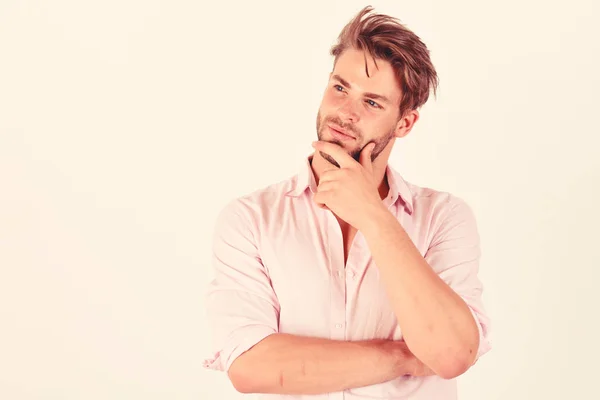 Homem Com Rosto Pensativo Isolado Fundo Branco Espaço Cópia Masculinidade — Fotografia de Stock