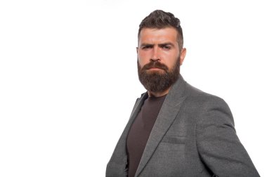 sakallı ve şık. Sakallı adam. Olgun hippi sakallı. Beyaz izole emin yakışıklı acımasız adam. Erkek kuaför bakım. Saç sakal bakımı. acımasız beyaz hipster bıyıklı, kopya alanı
