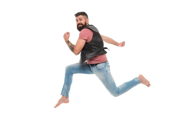 Nunca pares. Um ladrão foge. Continua a mover o conceito. Homem barbudo hipster capturado em movimento de corrida isolado em fundo branco. Homem barbudo a correr a alta velocidade. Fuga e fuga. Movimento de corrida — Fotografia de Stock