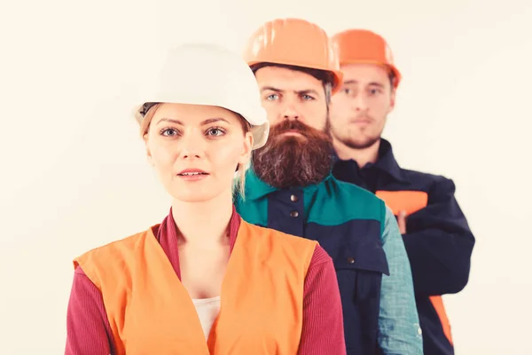 Equipo de arquitectos, constructores con caras tranquilas, fondo blanco aislado . — Foto de Stock