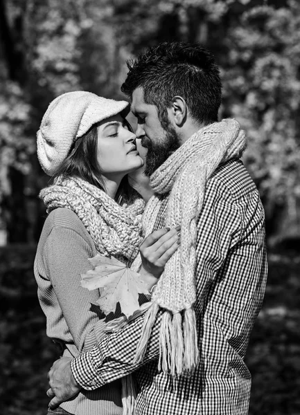 Girl and bearded guy or happy lovers on date kiss — Stock Photo, Image