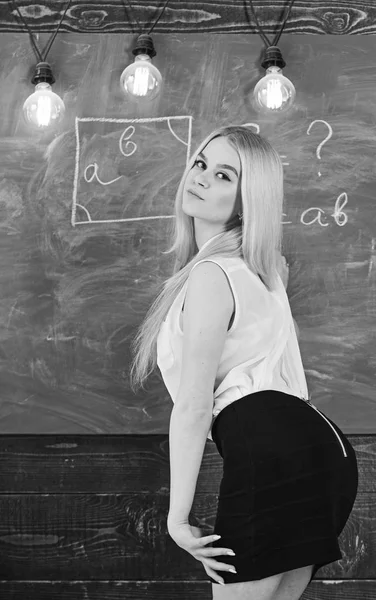 Vrouw met mooie billen wiskunde onderwijs. Lady sexy leraar in kort rokje Terugkijkend terwijl formule uit te leggen. Leraar wiskunde schrijven op schoolbord, achteraanzicht. Sexy leraar concept — Stockfoto