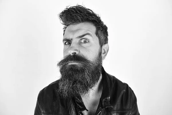 Hipster sembra sorpreso e sospettoso mentre alza il sopracciglio. Concetto di mascolinità. Uomo con la barba e i baffi sul viso severo che guarda la macchina fotografica. Macho indossa giacca di pelle, sfondo bianco — Foto Stock