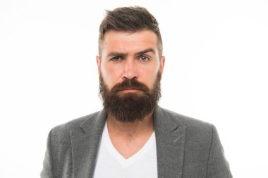 Sakallı ve kendinden emin. Hippi görünümü. Sakal moda ve Kuaför kavramı. Adam hipster şık sakal ve bıyık izole beyaz sakallı. Kuaför ipuçları sakal korumak. Şık sakal ve bıyık bakım