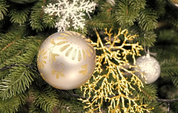 Noel top, süs eşyaları ve dekorasyonlar yeşil çam ağacı dalları üzerinde — Stok fotoğraf