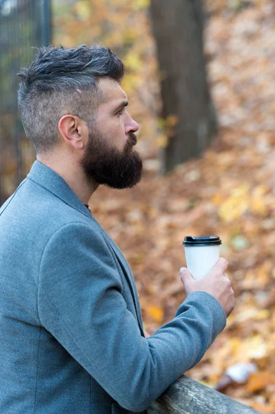 Бородатый хипстер предпочитает кофе. Бизнесмен с бородой пьет кофе на улице. Хипстеры держат бумажную чашку кофе и наслаждаются парковой обстановкой. Расслабляющий перерыв на кофе. Выпей его на ходу. — стоковое фото