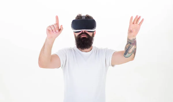Funny Man Experiencing Gadget Technology Close Bearded Man Wearing Virtual — Stock Photo, Image