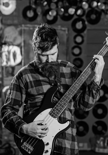 Man with busy face holds guitar, play music, — Stock Photo, Image