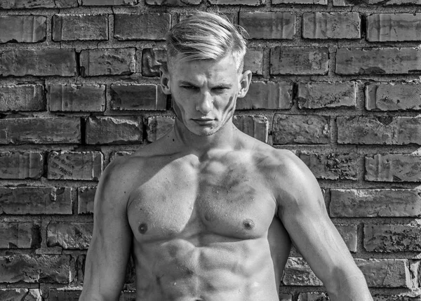 Builder with sexy muscular torso, brick wall on background. Athlete with sexy nude torso. Hard worker concept. Builder with strong muscular body covered with dust relaxing