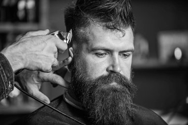 Berberler saç kesme makinesi kırpma ile ver. Şık saç kesimi kavramı. Eller berberin kesme makinesi ile kapatın. Hipster sakallı istemci üzerinde katı yüz saç modeli almak. İstemci salon zemin üzerine sakallı