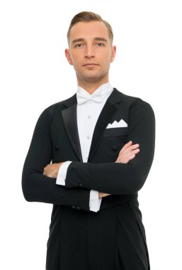 Smokin adam. Emin çekici yakışıklı genç balo salonu dansçı adam beyaz arka plan üzerinde izole smokin.