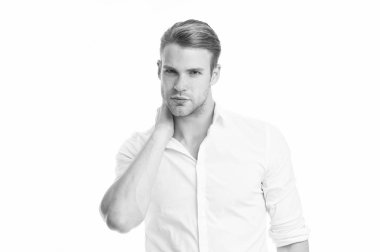 Ne zaman boyun ağrısı hakkında merak için. Boyun ağrısı semptomlar ve tanı neden olur. Adam ciddi bir yüz boyun beyaz arka plan dokunur. Nasıl iyi boyun masaj vermek. Neden boynum acıyor mu