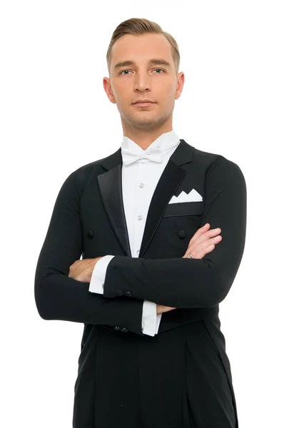 Man in tuxedo. Confident attractive handsome young ballroom dancer man in tuxedo isolated on white background. — Stock Photo, Image