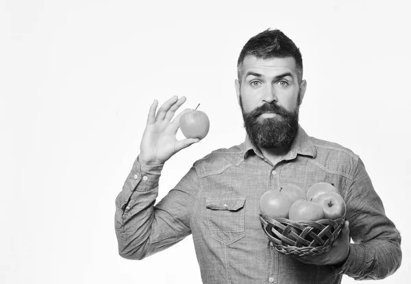 Bauer mit überraschtem Gesicht hält rote Äpfel in der Hand — Stockfoto