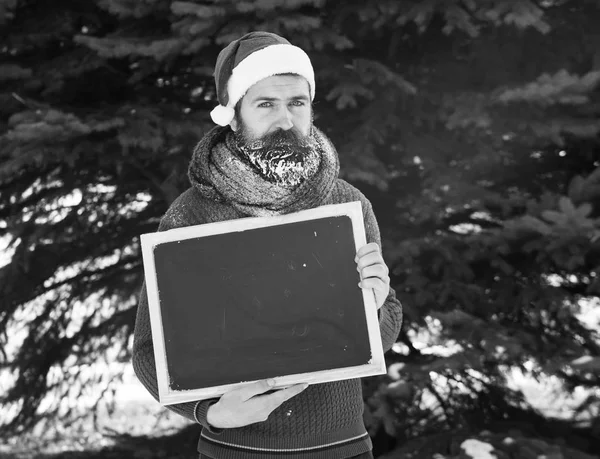 Santa claus şapka, sakal ve bıyık beyaz frost ile kaplı sakallı hippi yakışıklı adam kış günü açık havada doğal arka plan, kopya spac boş kara tahta veya kara tahta tutar — Stok fotoğraf