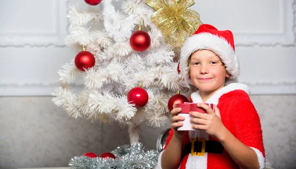 Chłopiec dziecko w stroju Świętego Mikołaja z red hat trzymać pudełko w pobliżu choinki. Boże Narodzenie santa claus kostium dla dziecka. Przyjęcie bożonarodzeniowe z kostium santa. Choinka pomysły dla dzieci — Zdjęcie stockowe