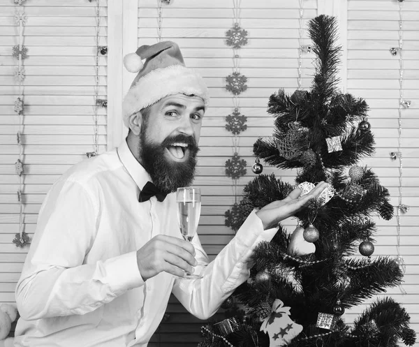 Homem com barba segura copo de champanhe e mostra brinquedo de árvore . — Fotografia de Stock