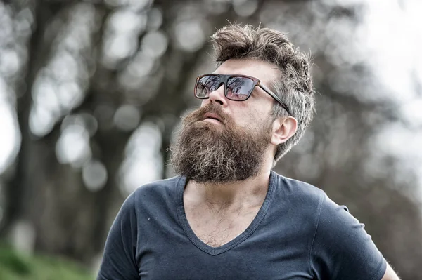 Człowiek, brodaty z tłem pewny siebie charakter poważny wyraz twarzy wąsy. Brodaty mężczyzna z okulary. Hipster Brodaty pewnie w ciemne okulary modne. Brodaty hipster brutalny macho. Koncepcja Fryzjer — Zdjęcie stockowe