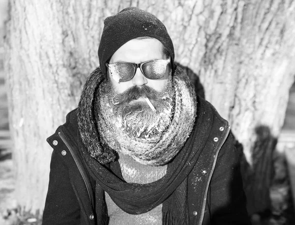 Yakışıklı sakallı adam, yenilikçi, sakal ve bıyık siyah güneş gözlüğü ile beyaz Don sigara sigarayla üzerinde kış günü açık havada doğal adam kaplı — Stok fotoğraf