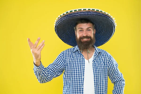 Mexikanische Parteikonzept. feiern traditionellen mexikanischen Feiertag. Lasst uns Spaß haben. Mexikaner glücklich festliches Outfit bereit zu feiern. Mann bärtigen fröhlichen Kerl tragen Sombrero mexikanischen Hut gelben Hintergrund — Stockfoto