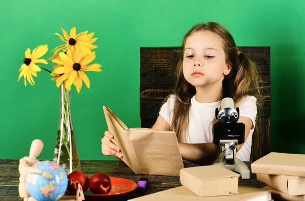 Crianças e material escolar no fundo da parede verde — Fotografia de Stock