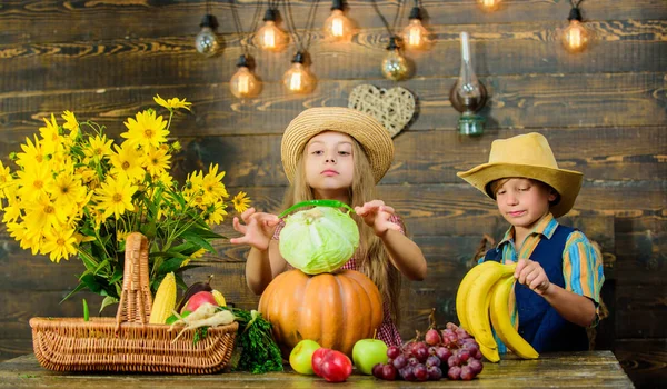 Elementary school fall festival idea. Autumn harvest festival. Celebrate harvest holiday. Children play vegetables wooden background. Kids girl boy wear hat celebrate harvest festival rustic style