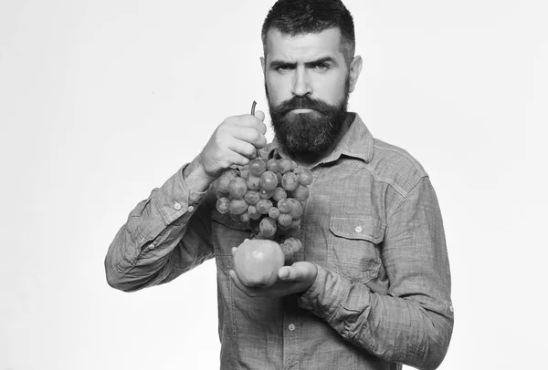 Viticultor con cara estricta sostiene uvas y fruta roja . —  Fotos de Stock