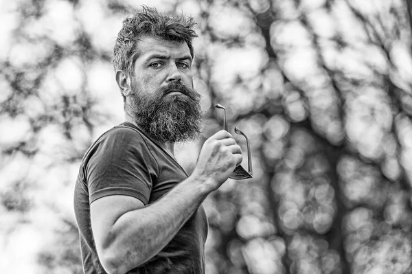 Barbearia e conceito de estilo. Homem barbudo tira óculos de sol. Hipster com barba parece elegante enquanto está ao ar livre. Homem com barba e bigode no rosto estrito, ramos no fundo, desfocado — Fotografia de Stock