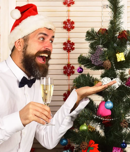 Человек с бородой держит бокал шампанского и показывает елку — стоковое фото