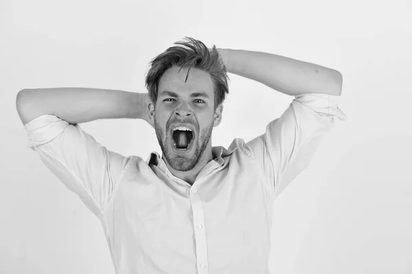 Homem com o rosto cansado isolado no fundo branco. — Fotografia de Stock