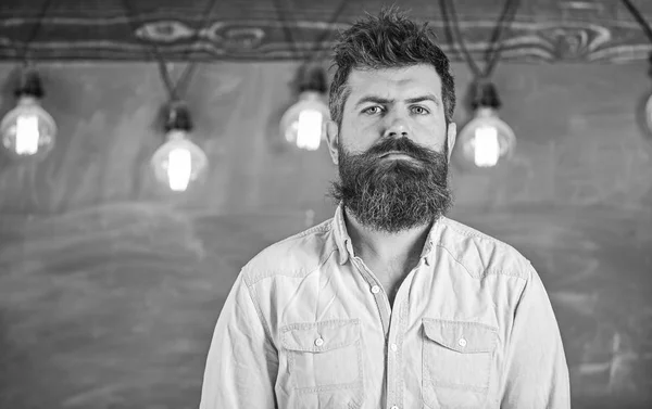 Homem com barba e bigode em pé rosto estrito na frente do quadro. Hipster barbudo em camisa, quadro e lâmpadas no fundo. Conceito estrito de professor. Macho em sala de aula parece sério — Fotografia de Stock