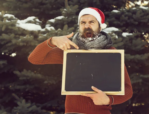 Santa claus kalap kiabálás az ember, csípő-, szakáll- és bajuszfésű fedett Dér, pont üres fekete tábla, vagy chalkboard téli napon a természetes háttér, másolás spac — Stock Fotó