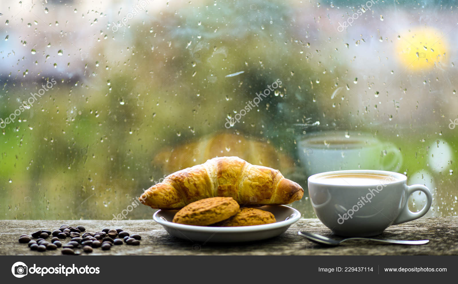 Coffee Time On Rainy Day Fresh Brewed Coffee In White Cup Or Mug On Windowsill Wet