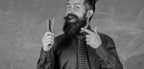 Profesor barbudo con engrapadora de fondo de pizarra. Prepárate para la temporada escolar compra papelería. Hombre sonriendo sujetar grapadora papelería. Hipster maestro corbata formal sostiene grapadora. Papelería escolar —  Fotos de Stock