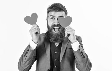 Sevgililer günü tebrik. Sevgililer günü tebrik kırmızı kalpler ile mutlu sakallı adam