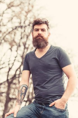 Sakal ve bıyık sıkı yüzündeki defocused arka plan, ağaçta olan adam. Casual kıyafet açık poz içinde sakallı adam. Uzun sakallı adam şık ve kendinden emin görünüyor. Berber ve stil kavramı