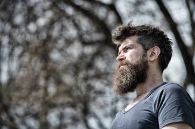 Sakallı hippi acımasız maço. Kuaför kavramı. Adam acımasız bıyık ciddi bir yüz emin doğa arka plan ile sakallı. Sakallı adam düşünceli ciddi bir yüz. Hipster emin yan görünüm sakallı