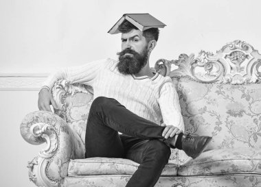 Maço kafasına, çatı gibi açık kitap ile oturuyor. Sakal ve bıyık oturur kanepe, beyaz duvar arka plan üzerinde olan adam. Adam, öğretmen öğretim ile overdid, deli profesör oldu. Kavramı çok