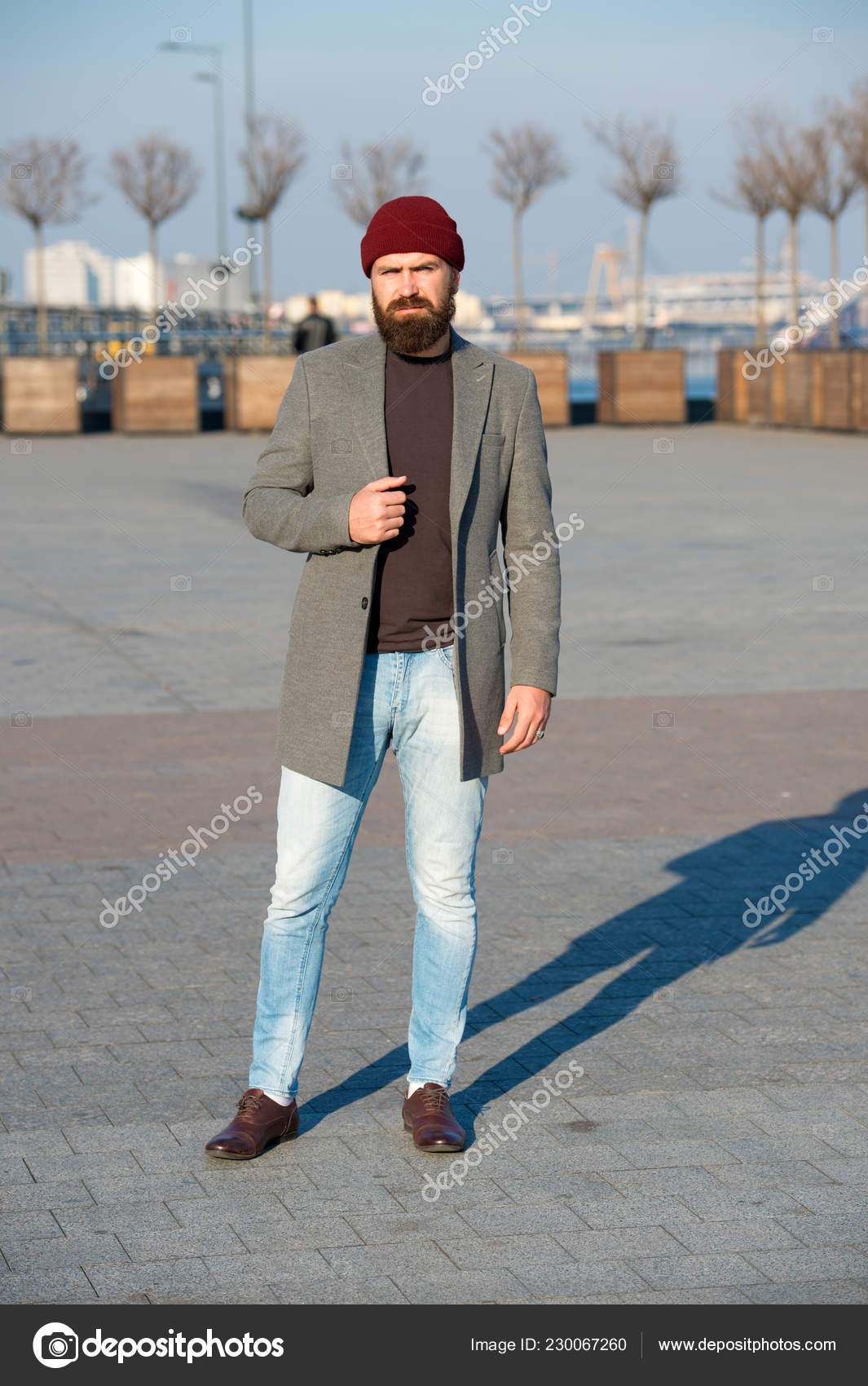 Hipster outfit. Stylish casual outfit for fall and winter season. Menswear  and male fashion concept. Man bearded hipster stylish fashionable coat.  Comfortable and cool. Masculine casual outfit Stock Photo by ©stetsik  230067260