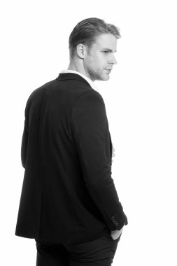 girişimci iş adamı. iş adamı girişimci resmi ceketli. arkadan görünüşü girişimci iş adamı. moda iş adamı girişimci beyaz izole. kendine güvenen işadamı.