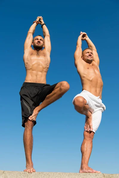 Les hommes pratiquent le yoga à l'extérieur. Des hommes musclés s'entraînent à l'air frais. Atteindre l'équilibre en vertu du yoga. Sport et soins de santé. Exercices quotidiens pour maintenir la santé. Santé et pratique du yoga. Vers la santé — Photo