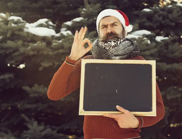 Man in Kerstman hoed frons, hipster met baard en snor bedekt met white frost, met lege zwarte bord of schoolbord geeft ok gebaar op winterdag op natuurlijke achtergrond, kopie vriendelij — Stockfoto