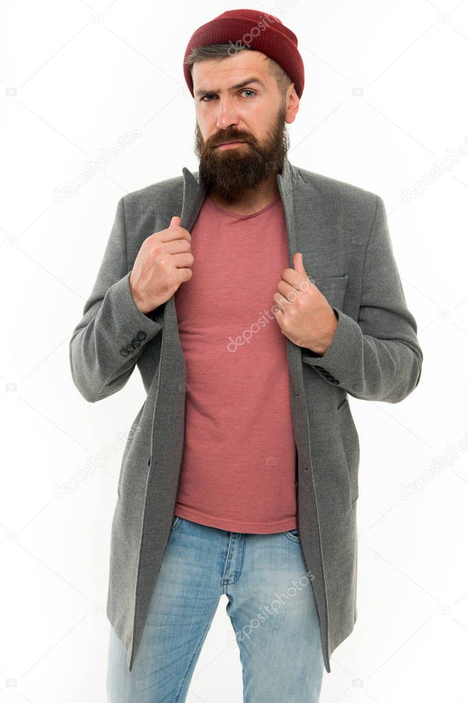 Stylish casual outfit. Menswear and fashion concept. Man bearded hipster stylish fashionable coat and hat. Stylish outfit hat accessory. Pick matching clothes. Find outfit style you feel comfortable